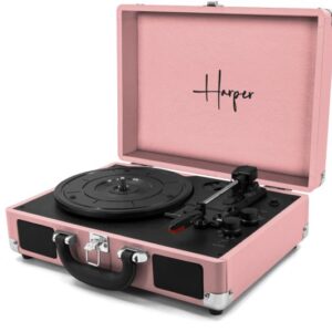 פטיפון Bluetooth מזוודה עם הגברת DSP ורמקולים סטריאו Harper HRT-10 ורוד